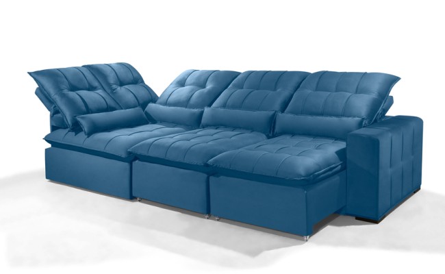 Sofá Retrátil Reclinável ELLOA DE CANTO COM CHAISE 3.85 x 1.80m ESTILO ESTOFADOS - Inca Velusoft COR "AZUL"