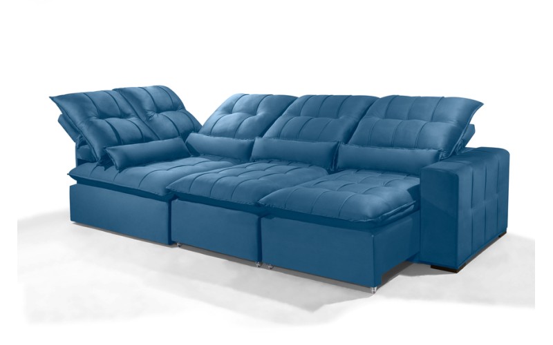 Sofá Retrátil Reclinável ELLOA DE CANTO COM CHAISE 3.05 x 1.80m ESTILO ESTOFADOS - Inca Velusoft COR "AZUL"