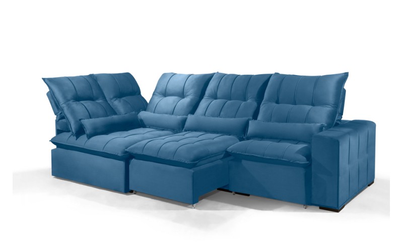 Sofá Retrátil Reclinável ELLOA DE CANTO COM CHAISE 3.05 x 1.80m ESTILO ESTOFADOS - Inca Velusoft COR "AZUL"