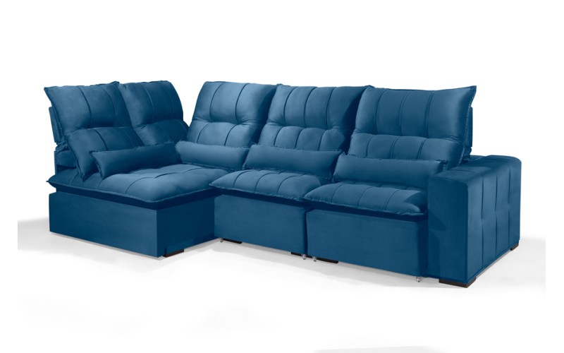 Sofá Retrátil Reclinável ELLOA DE CANTO COM CHAISE 3.05 x 1.80m ESTILO ESTOFADOS - Inca Velusoft COR "AZUL"