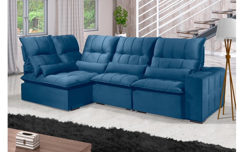 Sofá Retrátil Reclinável ELLOA DE CANTO COM CHAISE 3.05 x 1.80m ESTILO ESTOFADOS - Inca Velusoft COR "AZUL"