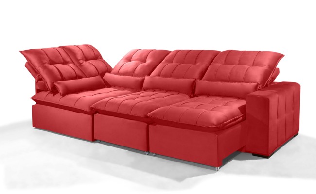 Sofá Retrátil Reclinável ELLOA DE CANTO COM CHAISE 3.65 x 1.80m ESTILO ESTOFADOS - Inca Velusoft COR "VERMELHO"