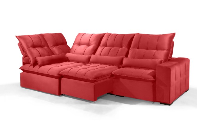 Sofá Retrátil Reclinável ELLOA DE CANTO COM CHAISE 3.45 x 1.80m ESTILO ESTOFADOS - Inca Velusoft COR "VERMELHO"