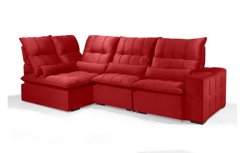 Sofá Retrátil Reclinável ELLOA DE CANTO COM CHAISE 3.85 x 1.80m ESTILO ESTOFADOS - Inca Velusoft COR "VERMELHO"