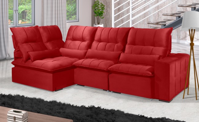 Sofá Retrátil Reclinável ELLOA DE CANTO COM CHAISE 3.45 x 1.80m ESTILO ESTOFADOS - Inca Velusoft COR "VERMELHO"