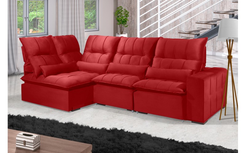 Sofá Retrátil Reclinável ELLOA DE CANTO COM CHAISE 3.85 x 1.80m ESTILO ESTOFADOS - Inca Velusoft COR "VERMELHO"