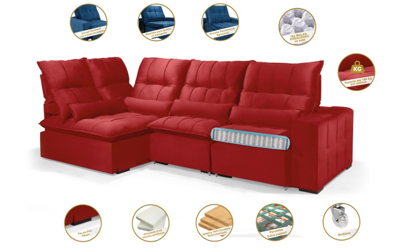 Sofá Retrátil Reclinável ELLOA DE CANTO COM CHAISE 3.85 x 1.80m ESTILO ESTOFADOS - Inca Velusoft COR "VERMELHO"