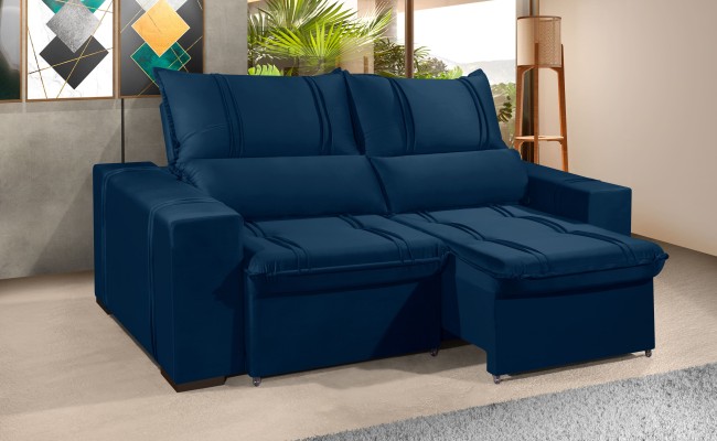 Sofá Retrátil e Reclinável 2.20m ESTILO ESTOFADOS - THOR com SoftGel D33 Velusoft "Azul"